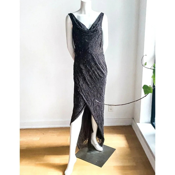 Frank Usher Sequin Embellished Bronze Asymmetrical Low BAck Cowl Neck Gown 8 - Picture 4 of 13